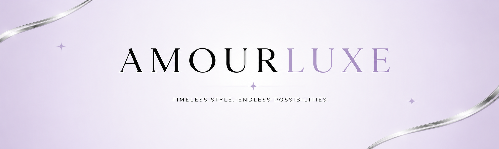 Amour Luxe website header with brand name and tagline on a light purple background